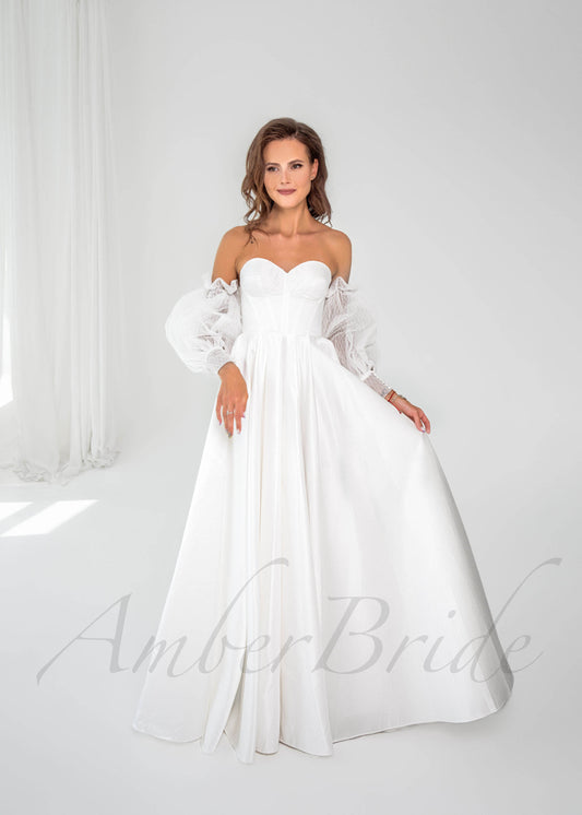 Classic A-Line Satin Wedding Dress with Detachable Long Puffy Sleeves and Slit