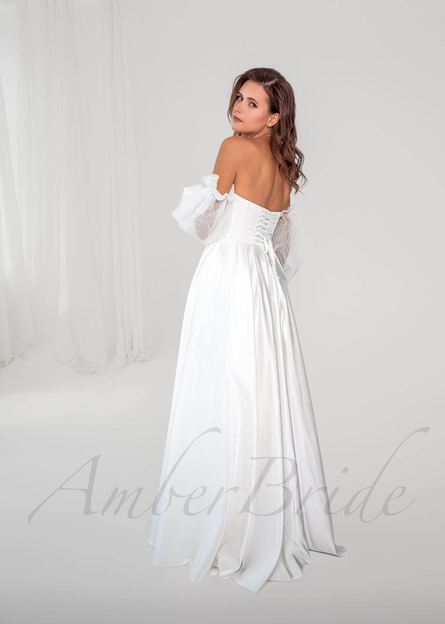 Classic A-Line Satin Wedding Dress with Detachable Long Puffy Sleeves and Slit