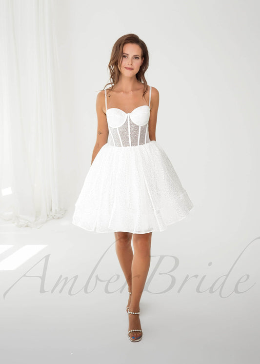 Short Glittery Tulle Knee Length Dress with Spaghetti Straps