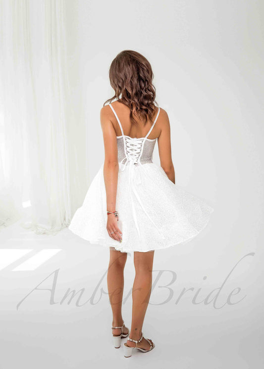 Short Glittery Tulle Knee Length Dress with Spaghetti Straps