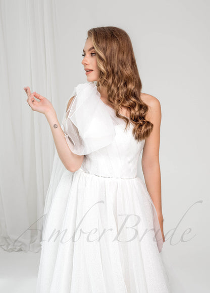 Asymmetrical A Line Sequin Organza Wedding Dress with One Shoulder Bow