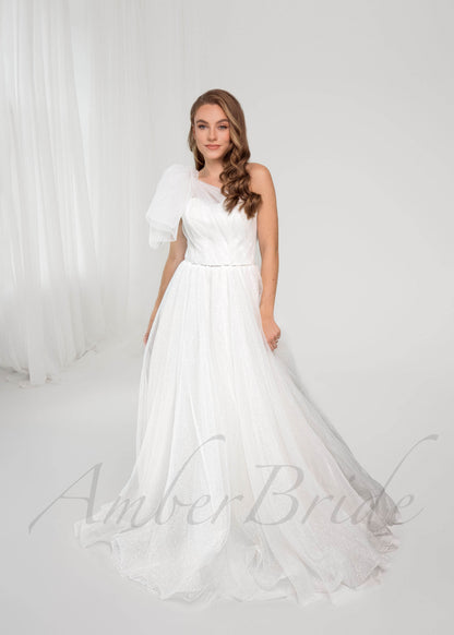 Asymmetrical A Line Sequin Organza Wedding Dress with One Shoulder Bow