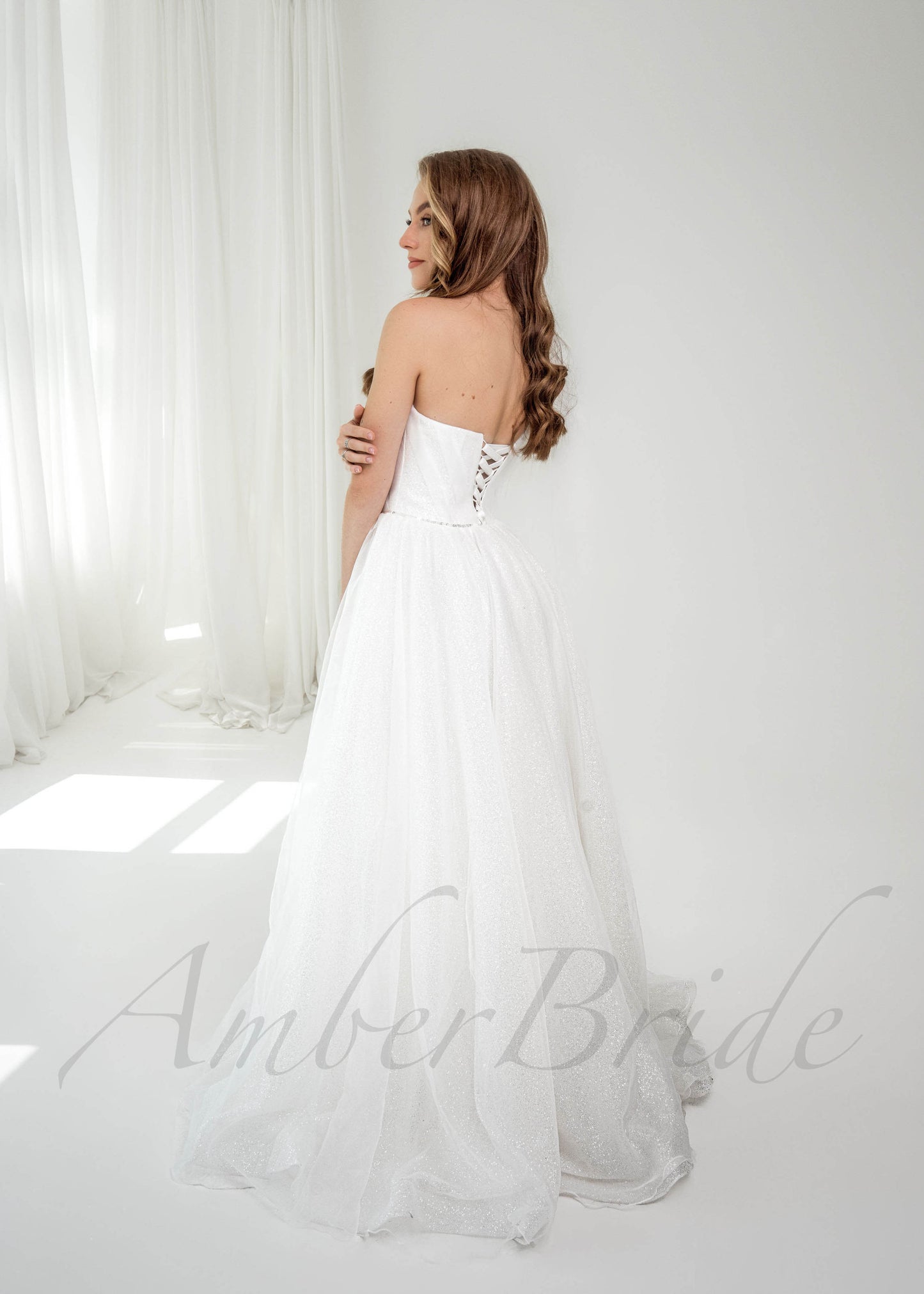 Asymmetrical A Line Sequin Organza Wedding Dress with One Shoulder Bow