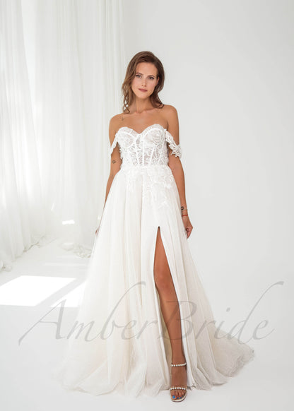 Romantic A Line Tulle Wedding Dress with Detachable Off Shoulder Sleeves