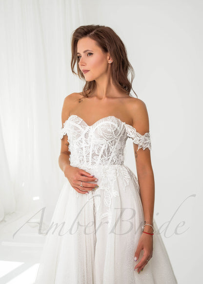 Romantic A Line Tulle Wedding Dress with Detachable Off Shoulder Sleeves