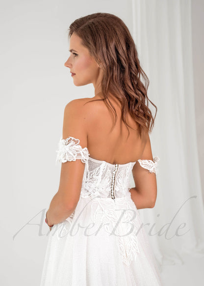 Romantic A Line Tulle Wedding Dress with Detachable Off Shoulder Sleeves