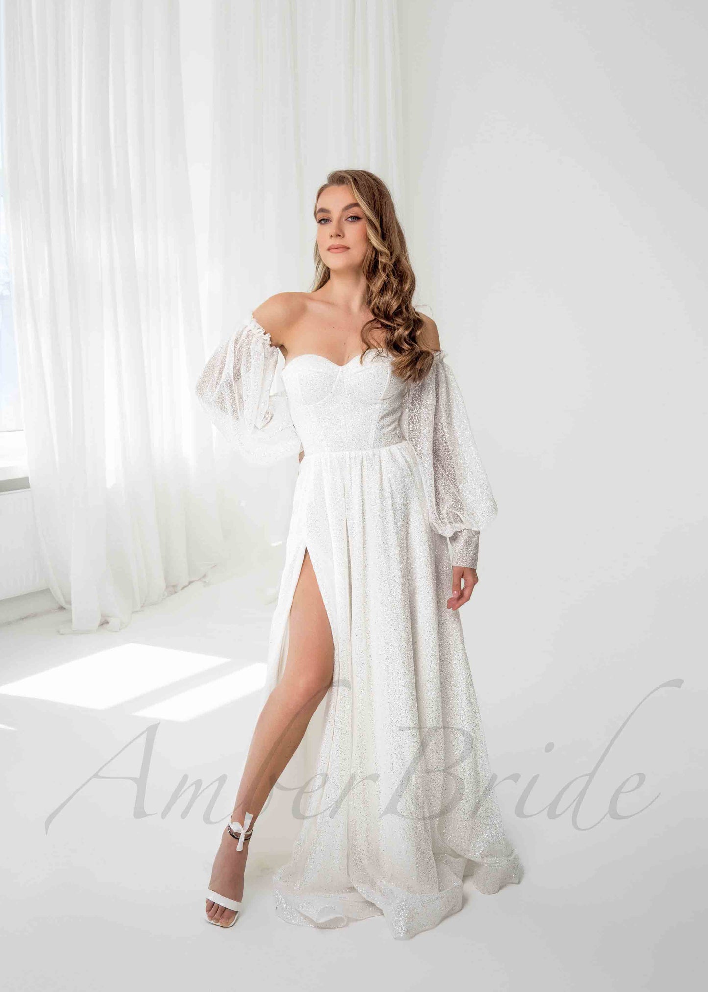 Exclusive A Line Glittery Tulle Wedding Dress with Long Puffy Sleeve