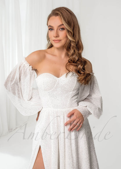 Exclusive A Line Glittery Tulle Wedding Dress with Long Puffy Sleeve