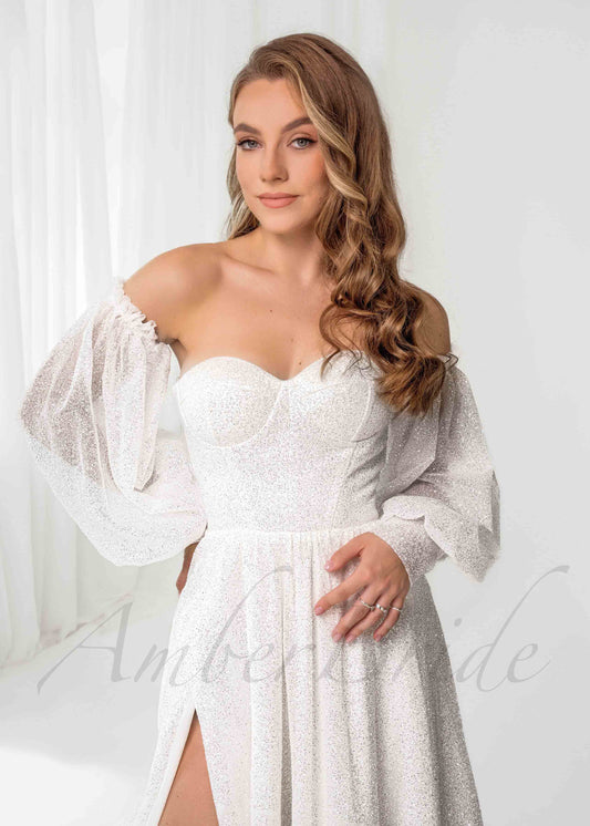 Exclusive A Line Glittery Tulle Wedding Dress with Long Puffy Sleeve