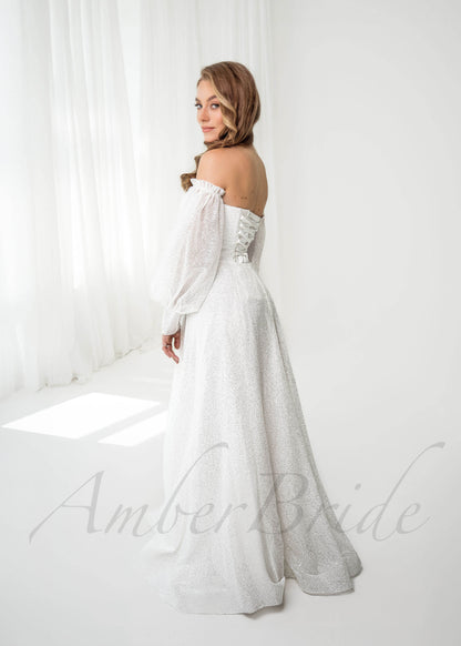 Exclusive A Line Glittery Tulle Wedding Dress with Long Puffy Sleeve