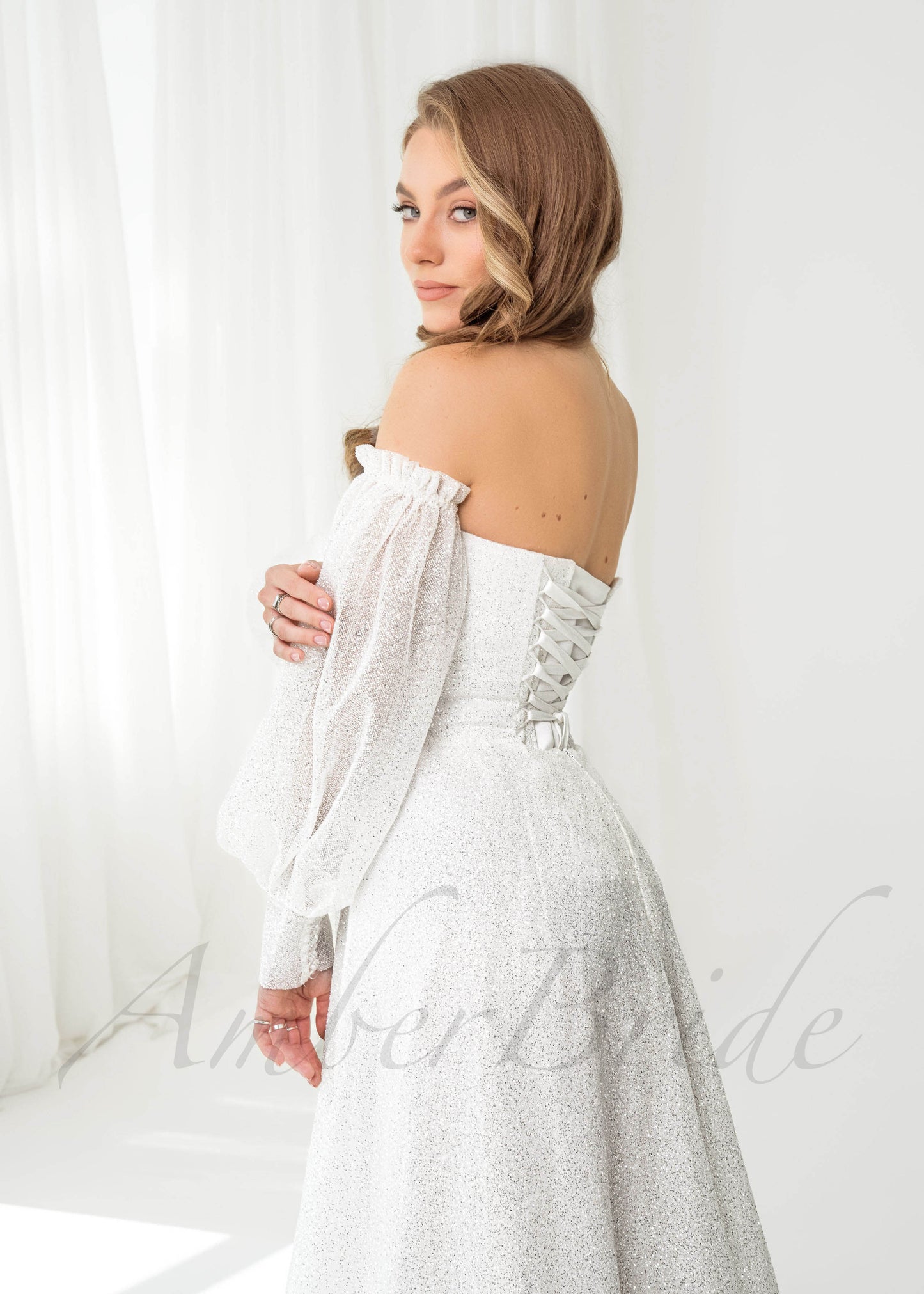 Exclusive A Line Glittery Tulle Wedding Dress with Long Puffy Sleeve