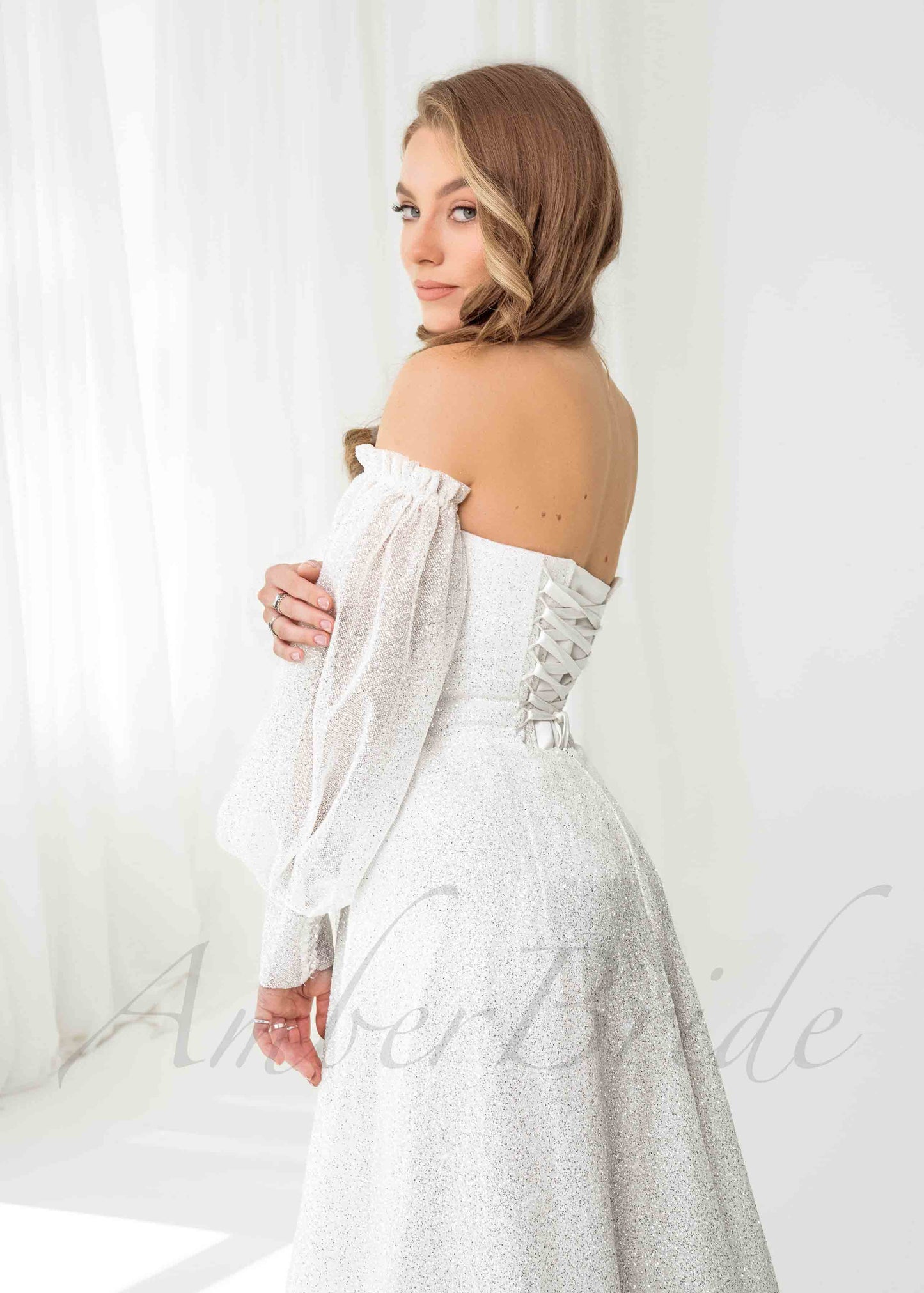 Exclusive A Line Glittery Tulle Wedding Dress with Long Puffy Sleeve