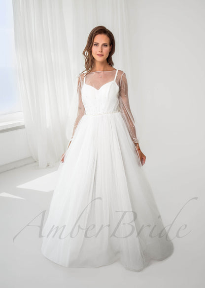 A-Line Tulle Wedding Dress with Long Puffy Sleeves and Spaghetti Straps