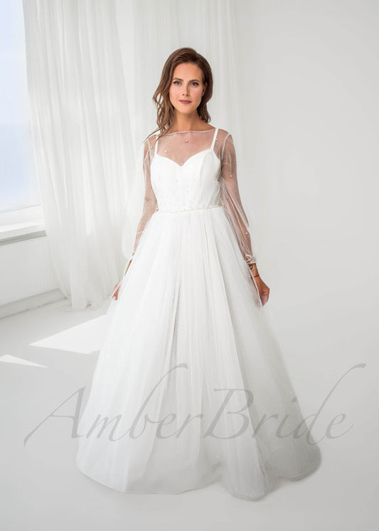 STOCK SELL-OUT: A-Line Pearled Tulle Wedding Dress with Long Puffy Sleeves