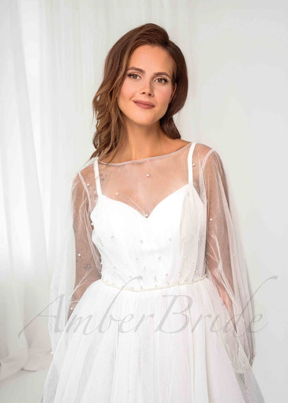 A-Line Tulle Wedding Dress with Long Puffy Sleeves and Spaghetti Straps