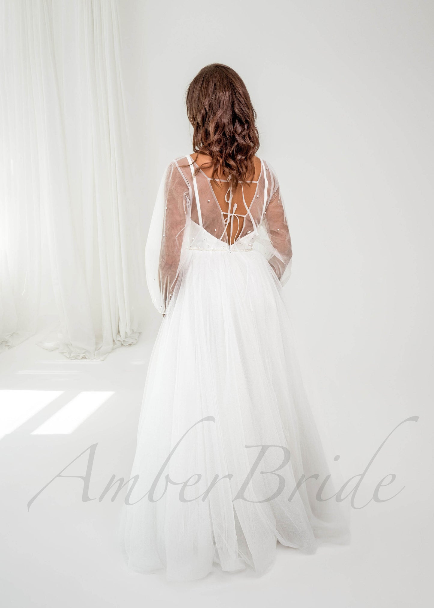 A-Line Tulle Wedding Dress with Long Puffy Sleeves and Spaghetti Straps