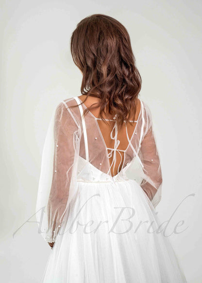 A-Line Tulle Wedding Dress with Long Puffy Sleeves and Spaghetti Straps