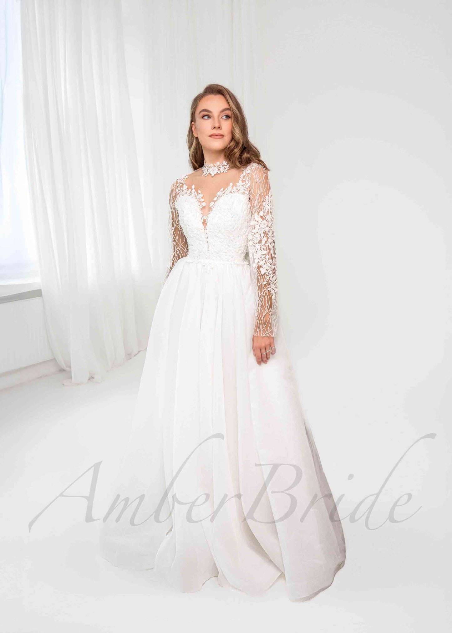 Romantic A Line Organza Wedding Dress with Long Sleeve and Floral Design