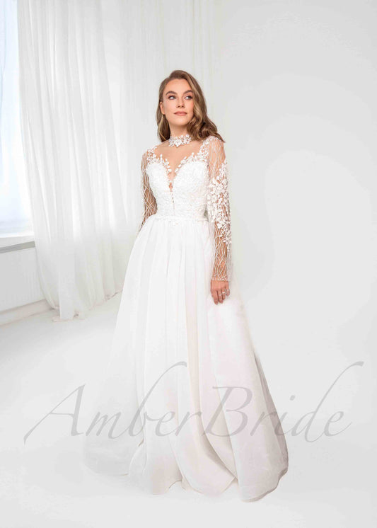 Romantic A Line Organza Wedding Dress with Long Sleeve and Floral Design