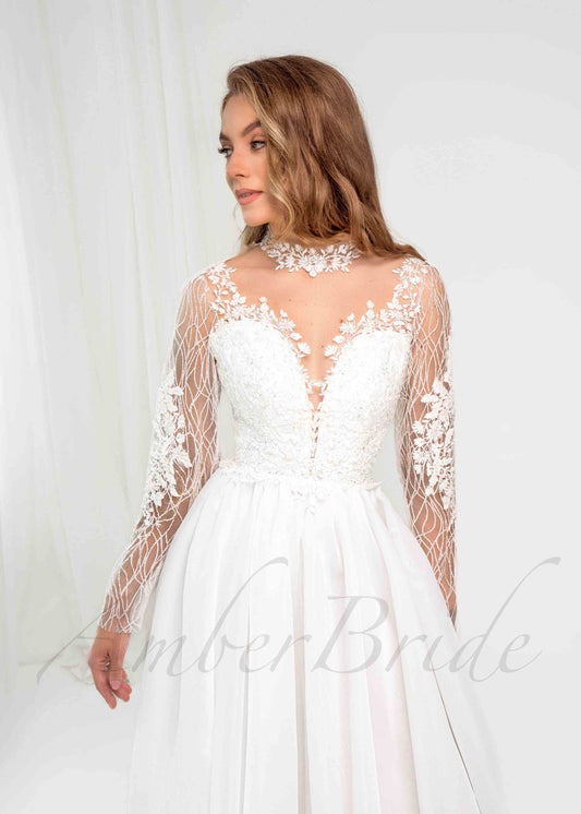 Romantic A Line Organza Wedding Dress with Long Sleeve and Floral Design