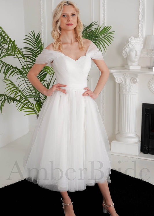 Elegant Tea Length Off Shoulder Glitter Tulle Wedding Dress with Corset