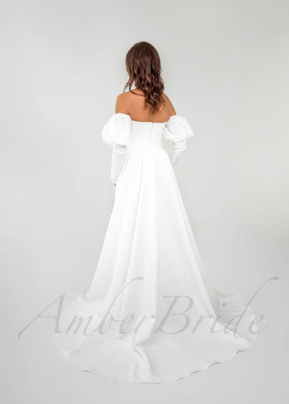 Exquisite Satin Wedding Dress with Overskirt and Bishop Sleeves