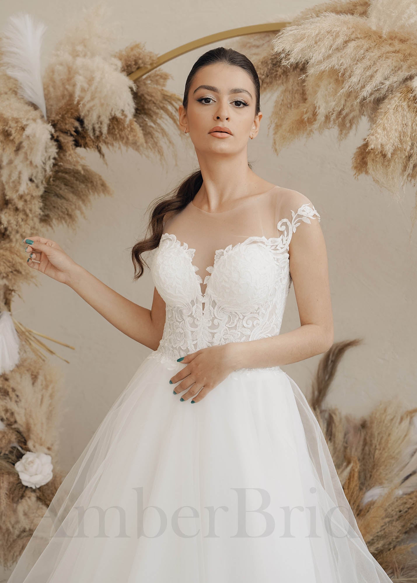 Boho A-Line Tulle Wedding Dress with Floral and Illusion Design