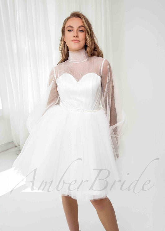 Elegant Knee Length Tulle Dress with Puffy Skirt and Long Sheer Sleeve