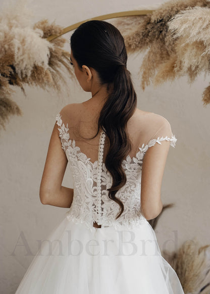 Boho A-Line Tulle Wedding Dress with Floral and Illusion Design