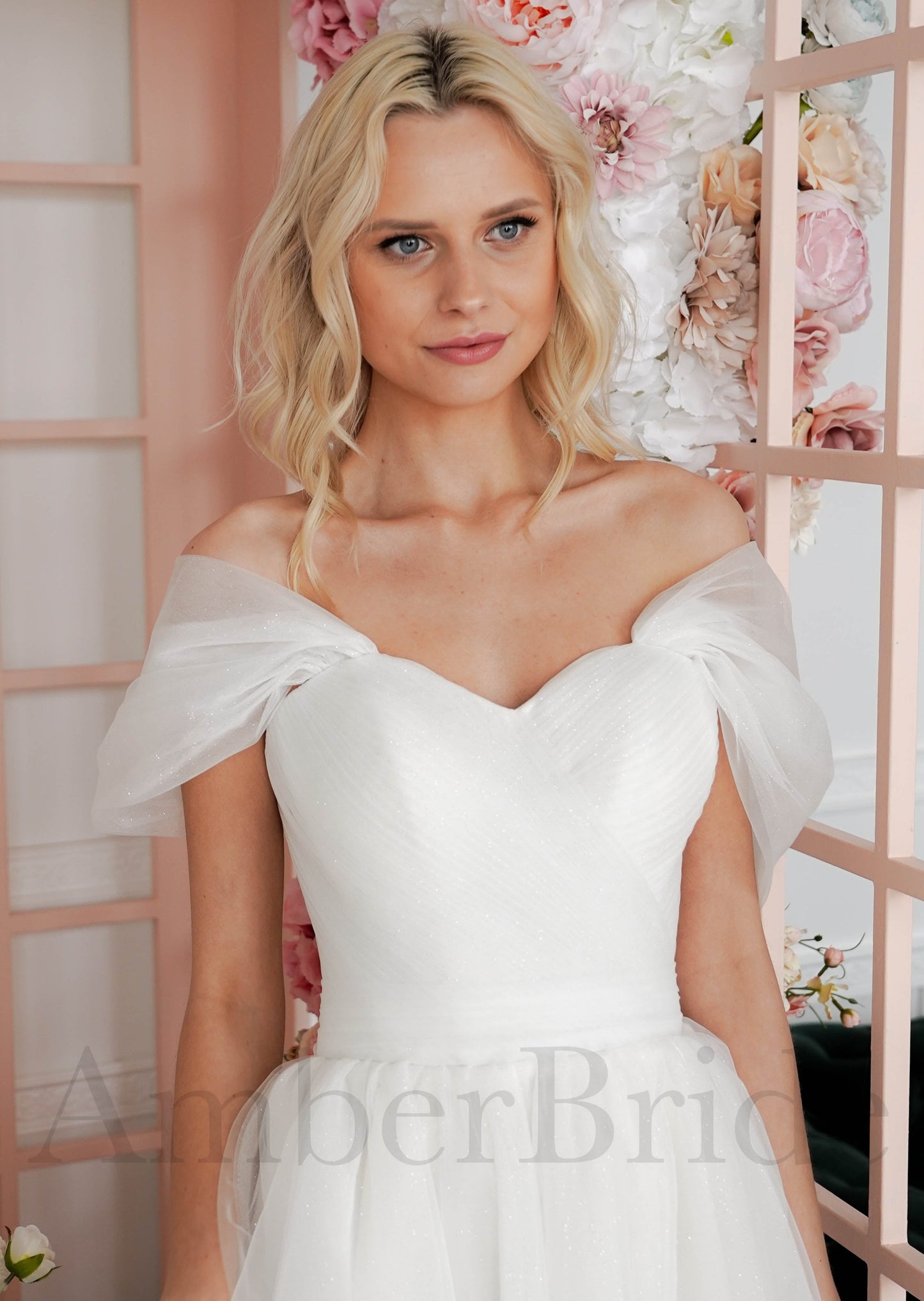 Elegant Tea Length Off Shoulder Glitter Tulle Wedding Dress with Corset