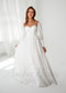 Exquisite A Line Satin Wedding Dress with Bishop Sleeves and Illusion Pearls Design