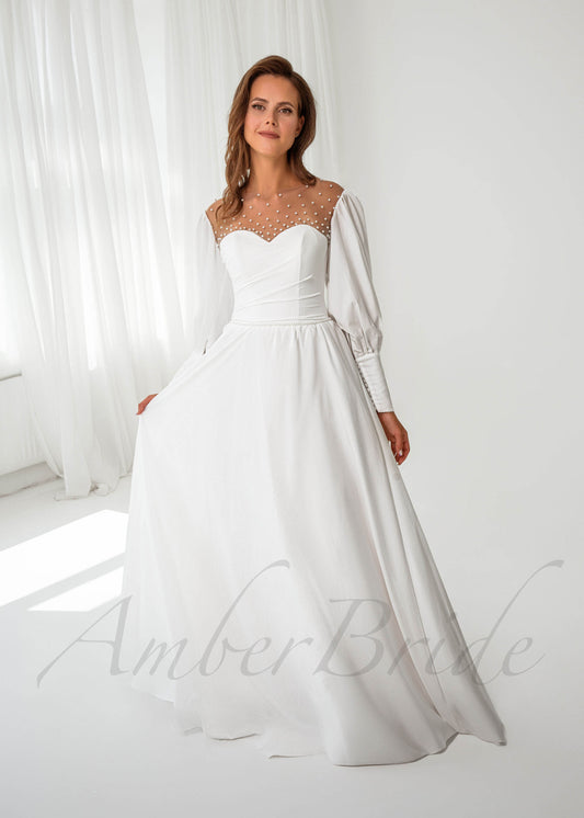 STOCK SELL-OUT: Exquisite A Line Satin Wedding Dress with Illusion Pearls Design