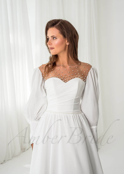 Exquisite A Line Satin Wedding Dress with Bishop Sleeves and Illusion Pearls Design