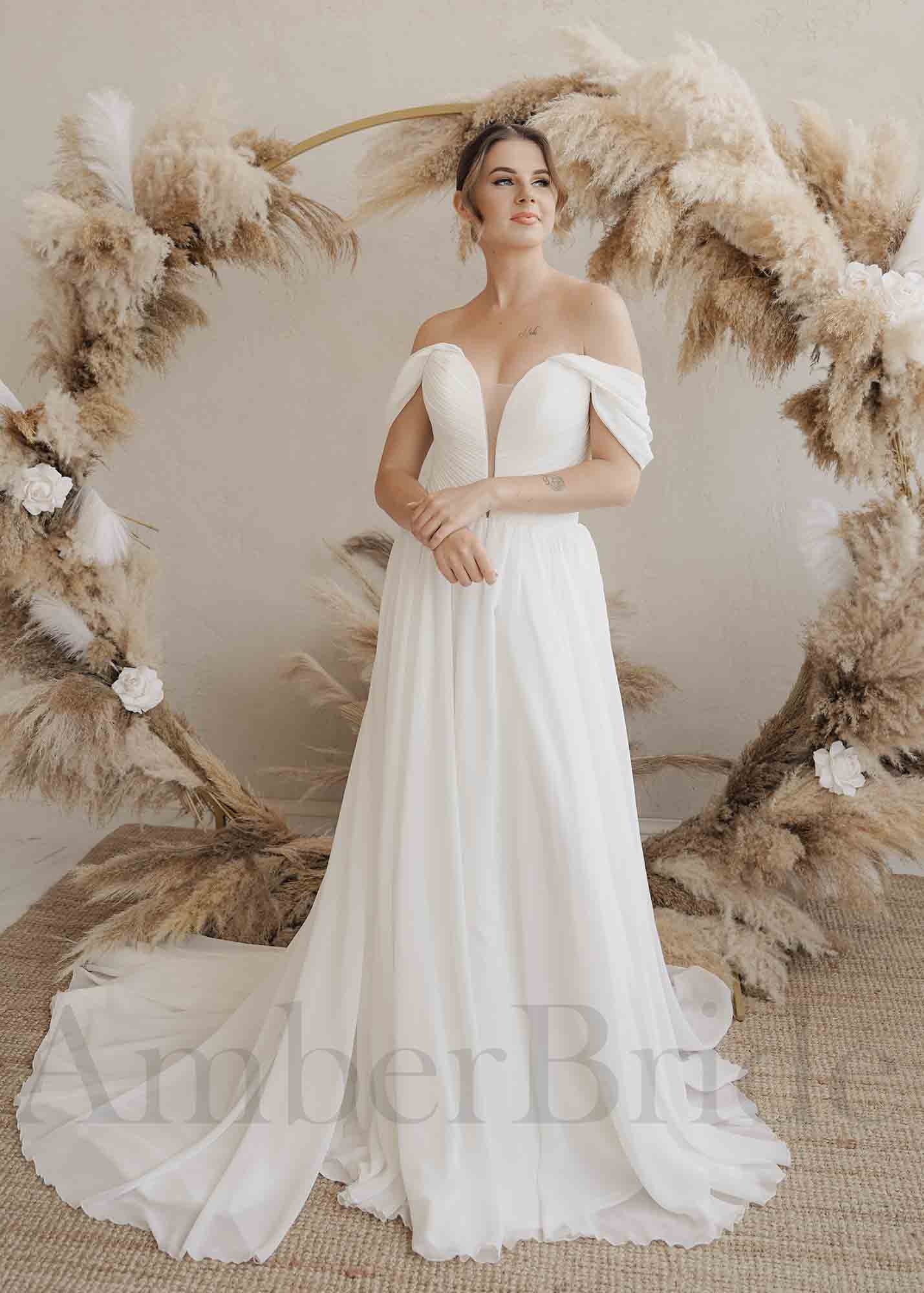 Boho A-Line Chiffon Wedding Dress with Detachable Puffy Sleeves