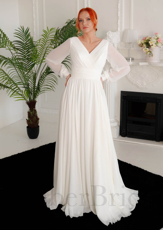 Simple A Line Chiffon Wedding Dress with Long Puffy Sleeves and Slit