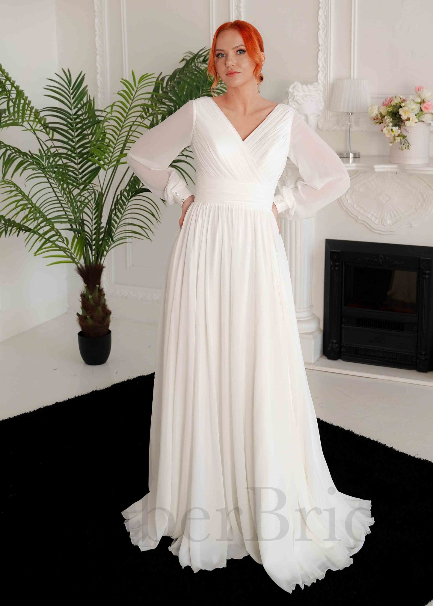 Simple A Line Chiffon Wedding Dress with Long Puffy Sleeves and Slit