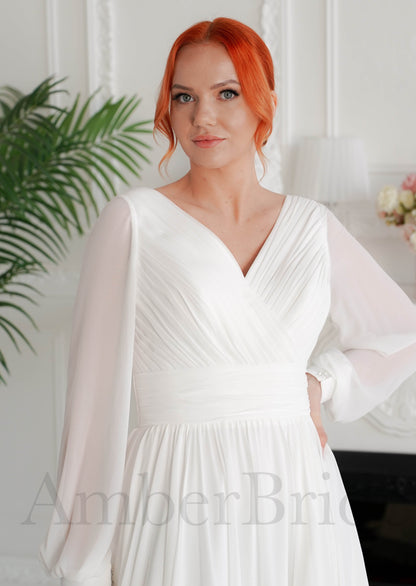 Simple A Line Chiffon Wedding Dress with Long Puffy Sleeves and Slit