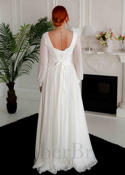 Simple A Line Chiffon Wedding Dress with Long Puffy Sleeves and Slit