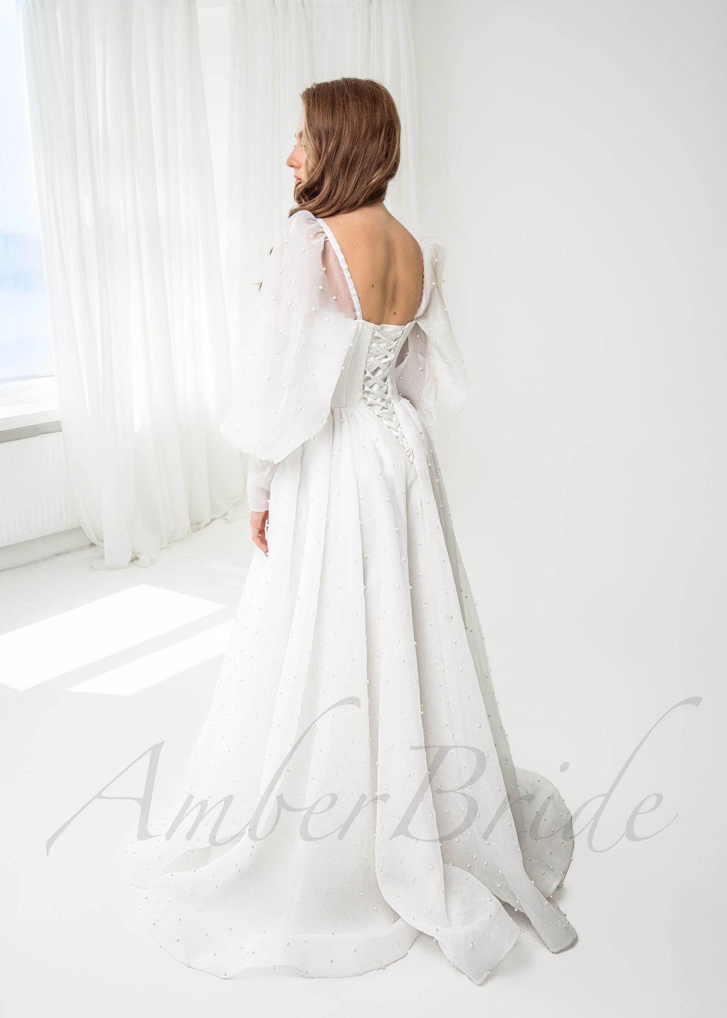 Romantic A Line Organza Wedding Dress with Bishop Sleeves and Pearled Design