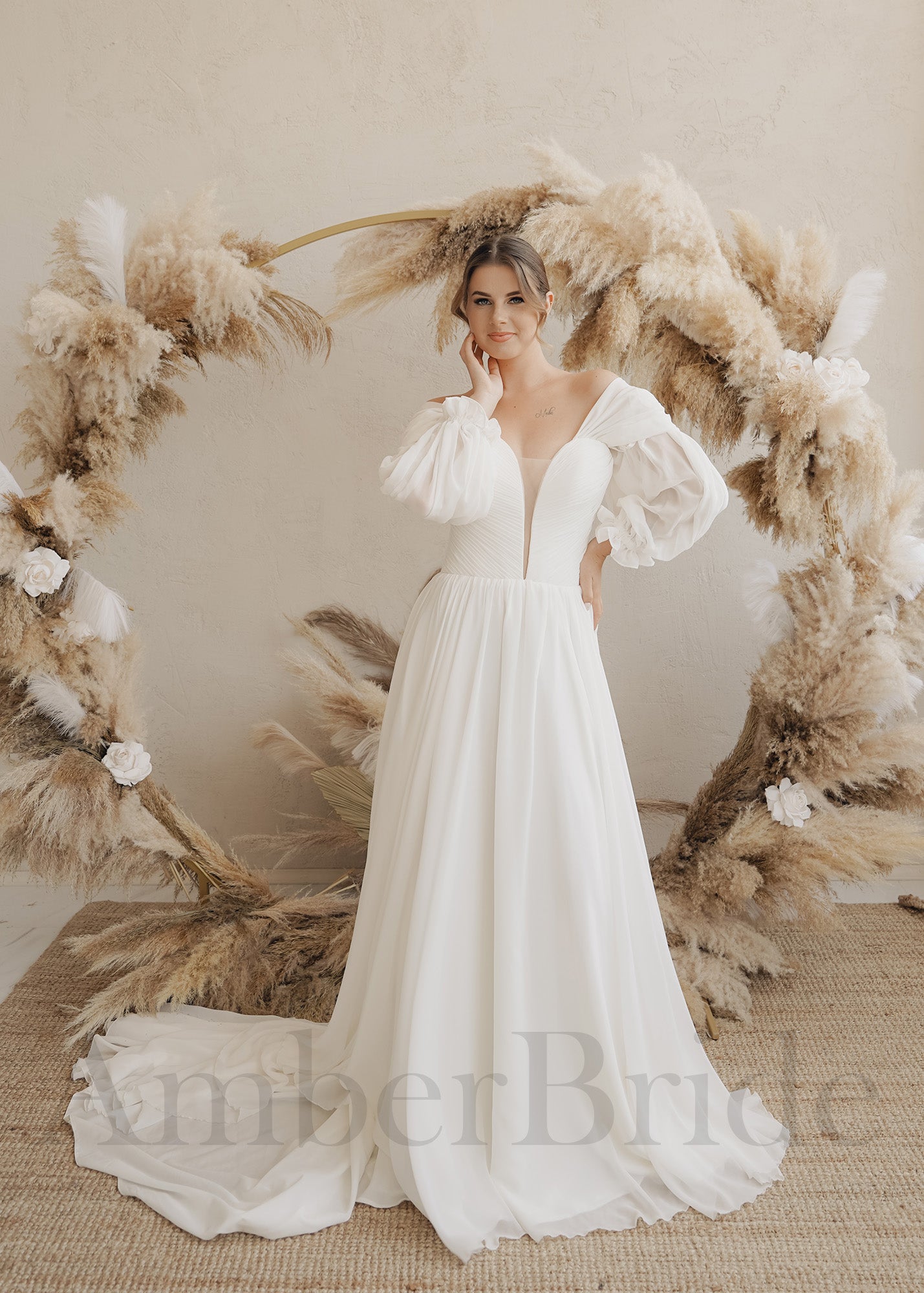 Boho A-Line Chiffon Wedding Dress with Detachable Puffy Sleeves