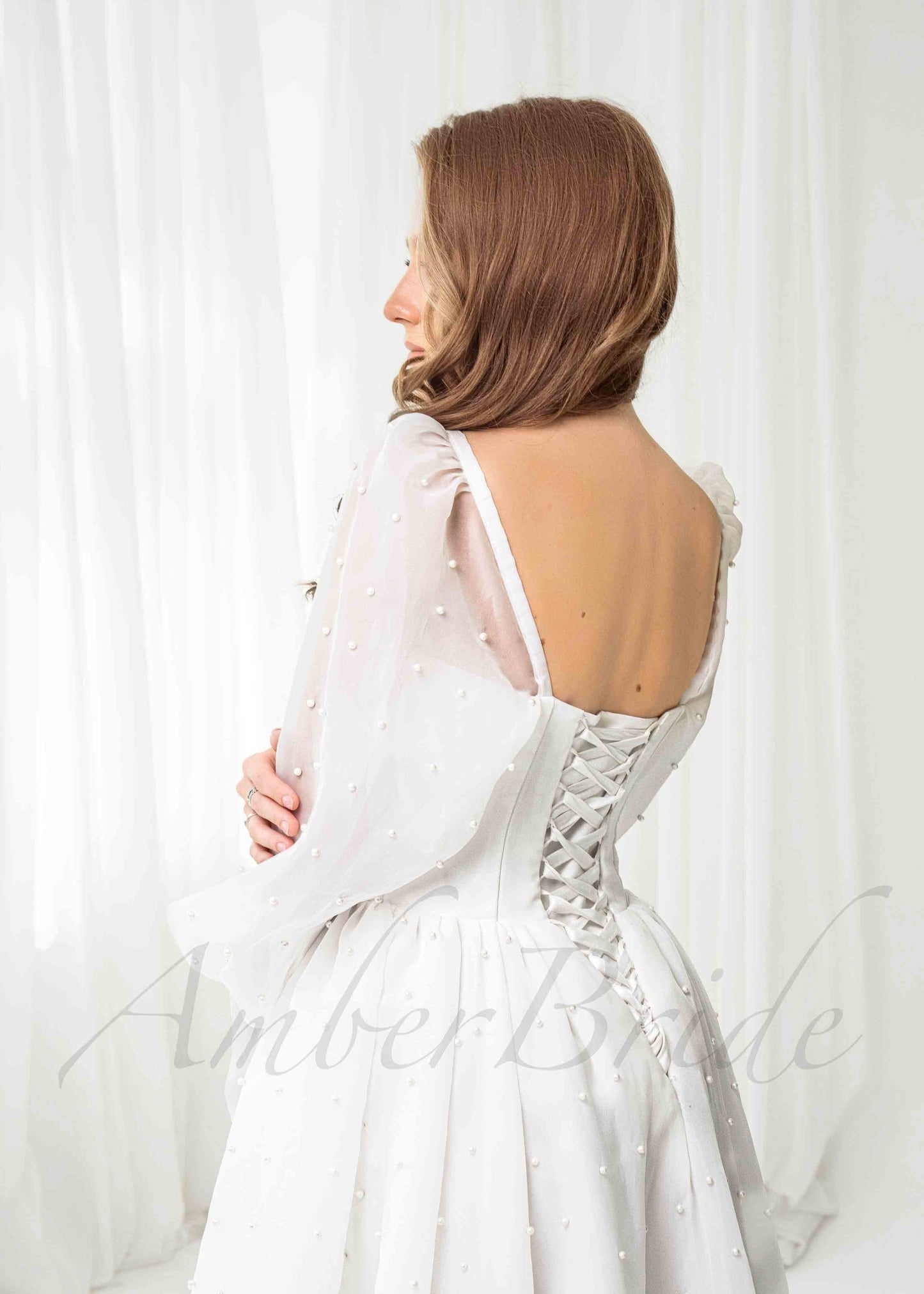 Romantic A Line Organza Wedding Dress with Bishop Sleeves and Pearled Design