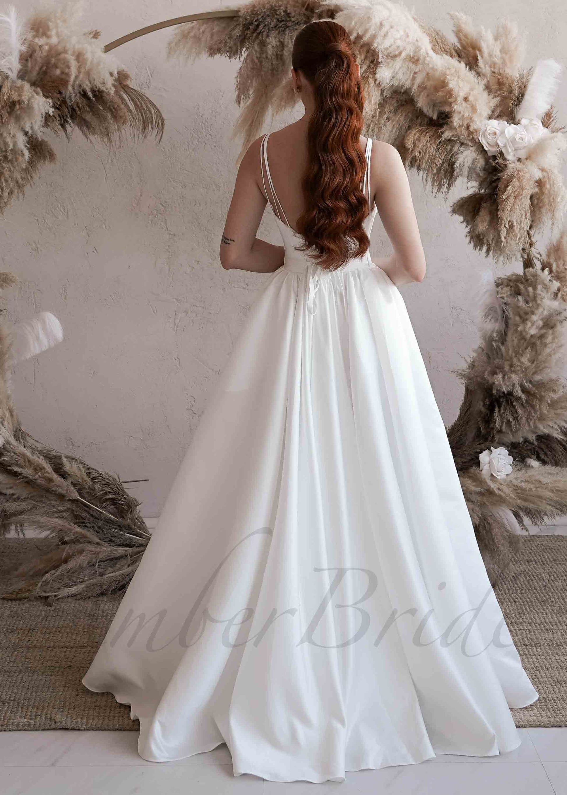 Minimalist Satin Wedding Dress with Spaghetti Straps and Backless Desi AmberBride Minimalist Satin Wedding Dress with Spaghetti Straps and Backless Desi AmberBride