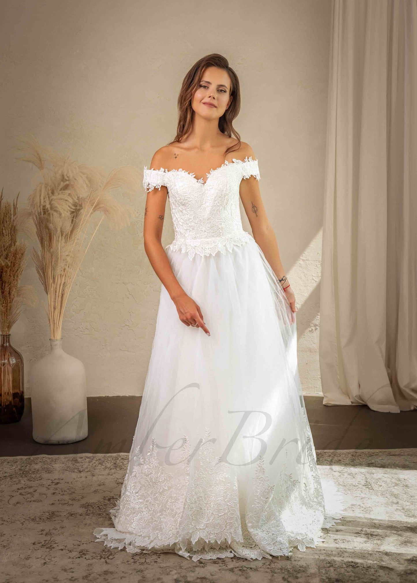 Romantic A Line Wedding Dress with Floral Design and Off Shoulder Sleeves