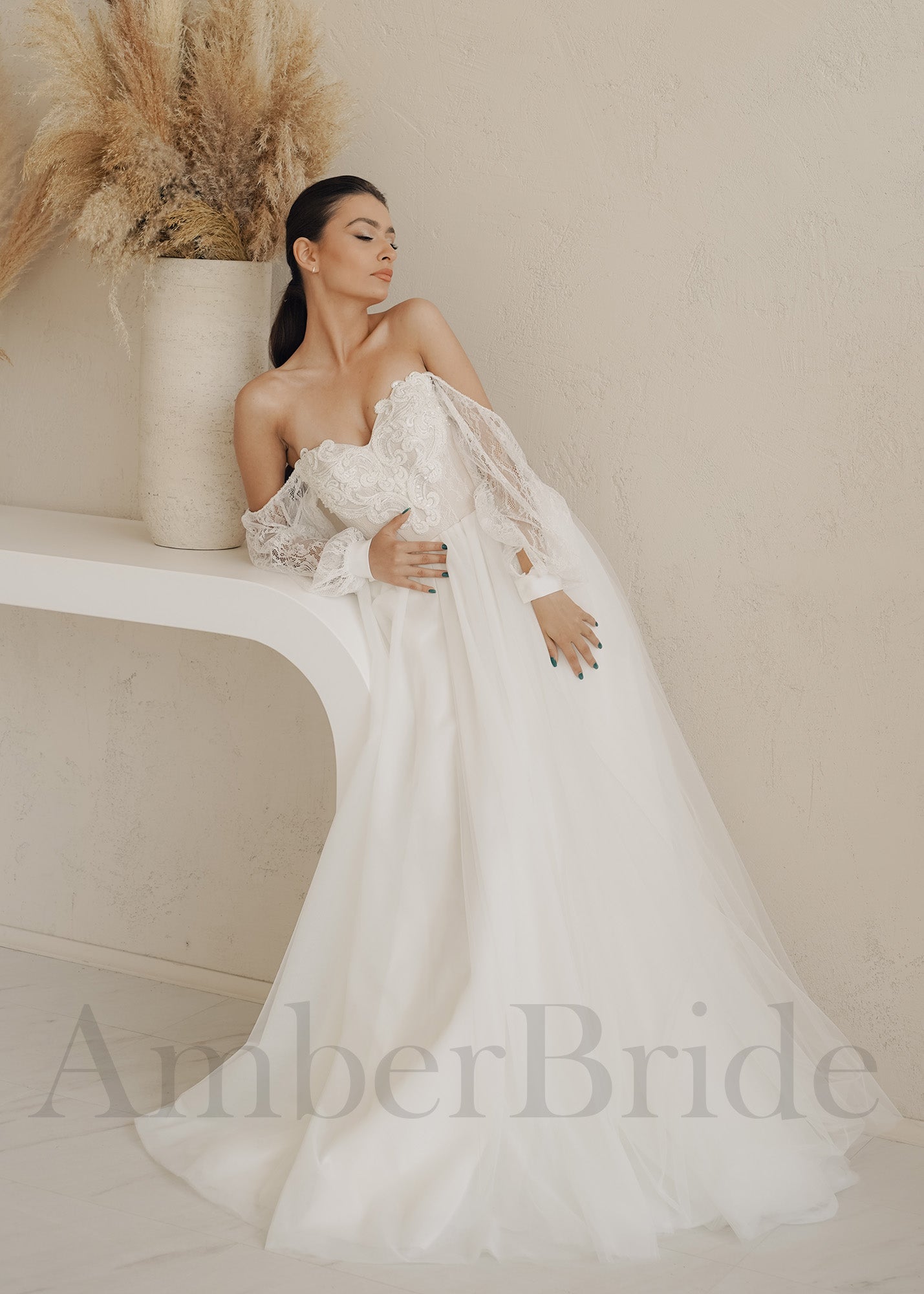 Boho A-Line Tulle Wedding Dress with Off Shoulder Long Puffy Lace Sleeves