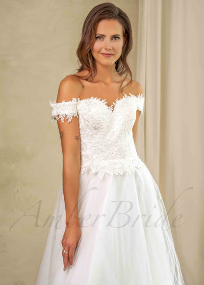 Romantic A Line Wedding Dress with Floral Design and Off Shoulder Sleeves