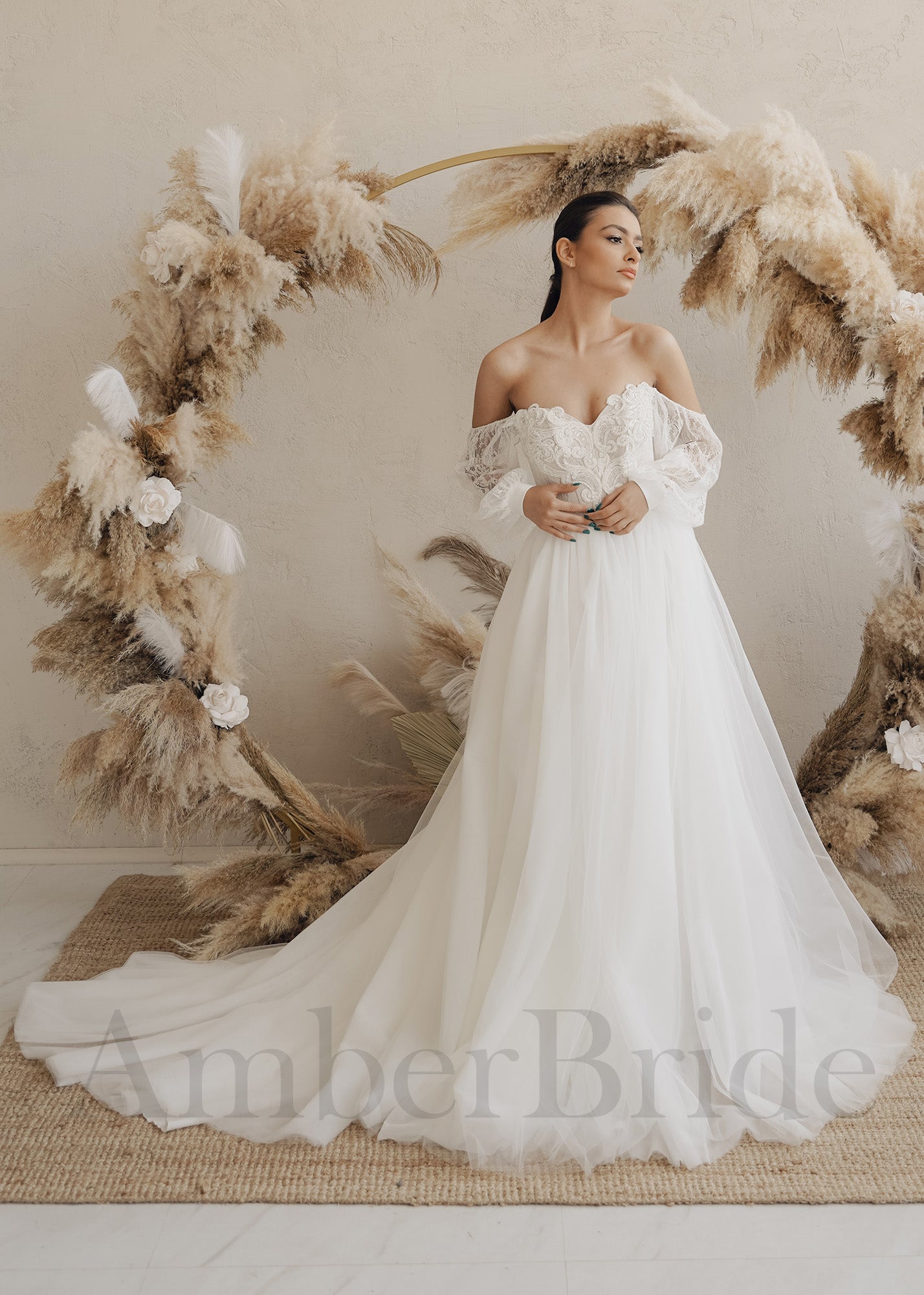 Boho A-Line Tulle Wedding Dress with Off Shoulder Long Puffy Lace Sleeves