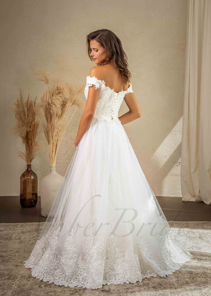 Romantic A Line Wedding Dress with Floral Design and Off Shoulder Sleeves