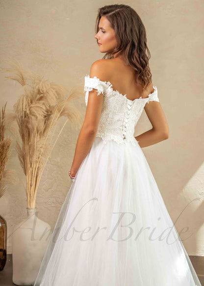 Romantic A Line Wedding Dress with Floral Design and Off Shoulder Sleeves