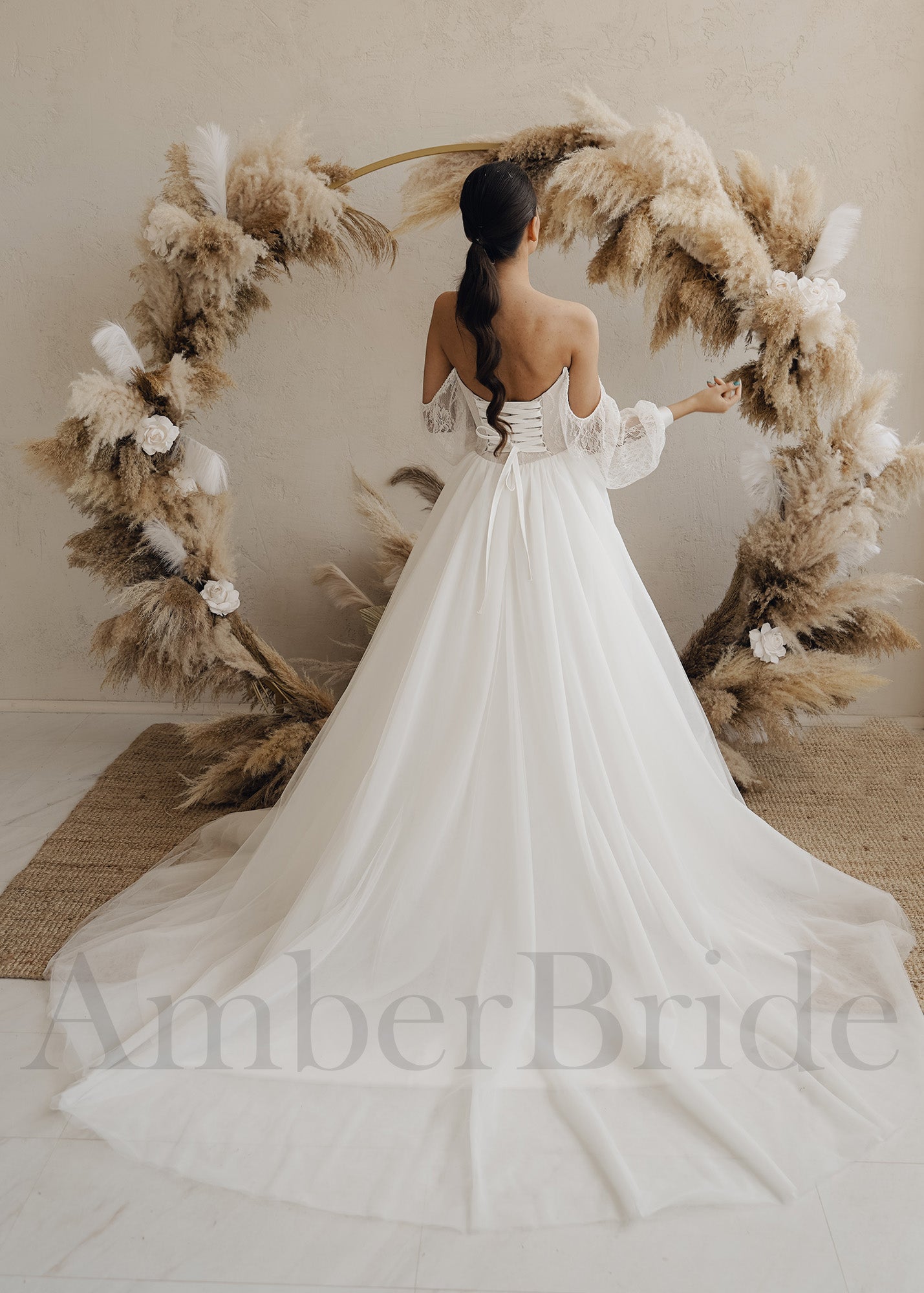 Boho A-Line Tulle Wedding Dress with Off Shoulder Long Puffy Lace Sleeves