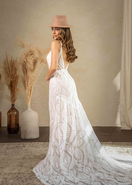 Boho Sheath Lace Wedding Dress with Backless Design and Spaghetti Straps